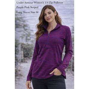 Under Armour Women’s 1/4 Zip Pullover Purple Pink Striped Long Sleeve Size M